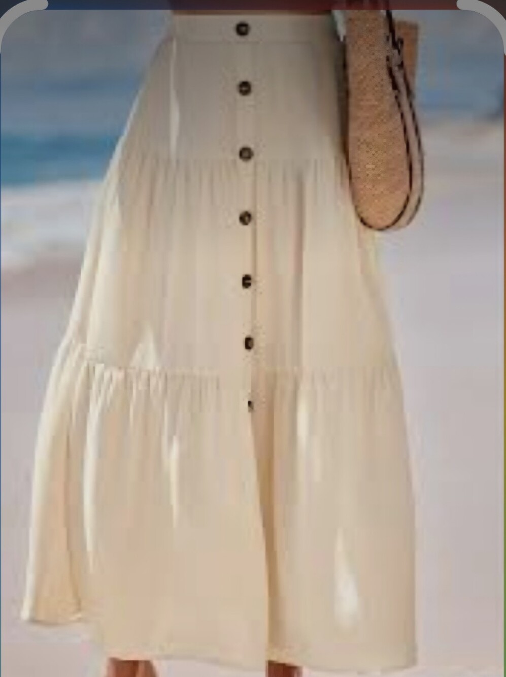 Cream Off-White W/ Tortoise Brown Buttons InFront Tiered Maxi Skirt  Lined